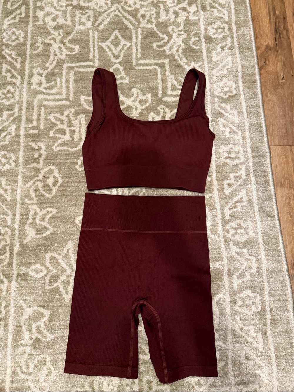 Seamless Ribbed Sports Bra & High-Waist Biker Shorts Set - Deep Burgundy